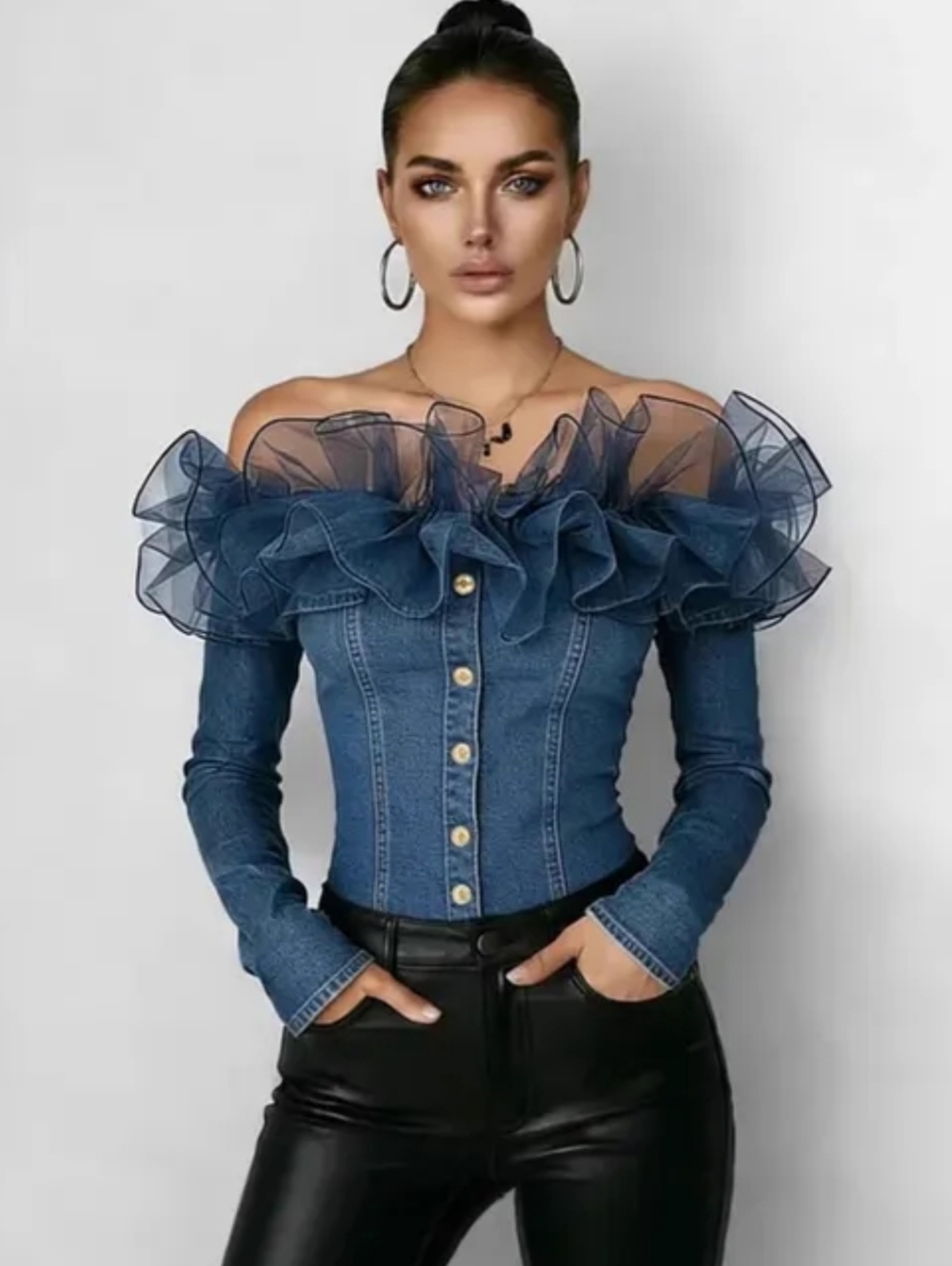 Denim Off-Shoulder Ruffle Button-Front Top - Blue - Picture 3 of 4